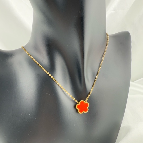 None Jewelry - Alhambra Gold Stainless Steel One Motife Necklace with Red Flower Pendant
